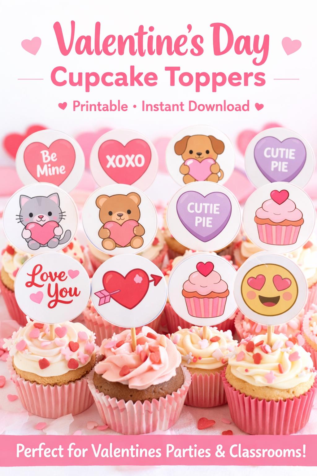 Valentine’s Day Cupcake Toppers Printable | Kids Valentine Party Decor | Classroom Valentines | Instant Download