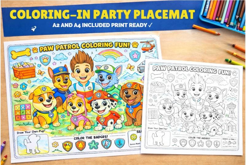 Rescue Pup Coloring Party Placemat | Kids Printable Table Activity | A2 & A4