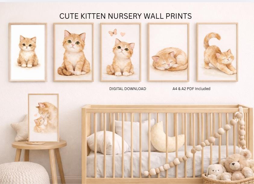 Kitten Nursery Wall Art Set | Soft Watercolour Cat Prints for Baby Room | Digital Download