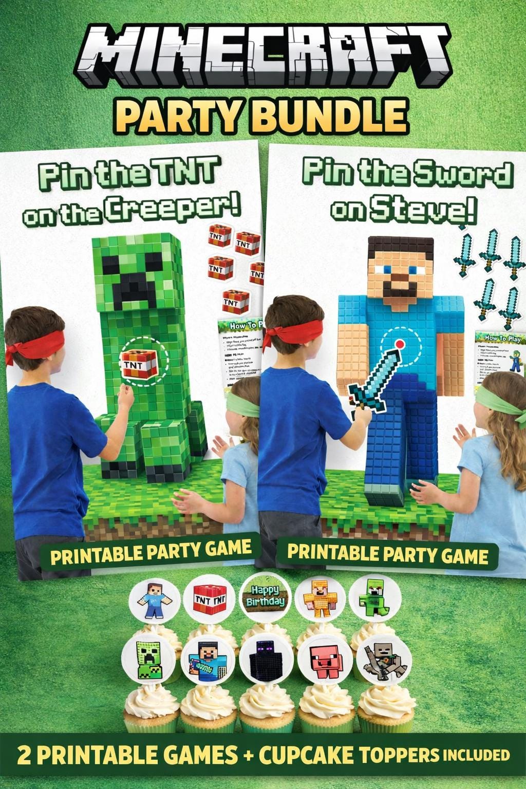 Party Bundle Printable Gamer Party | 2 Party Games + Cupcake Toppers | Kids Birthday Pack