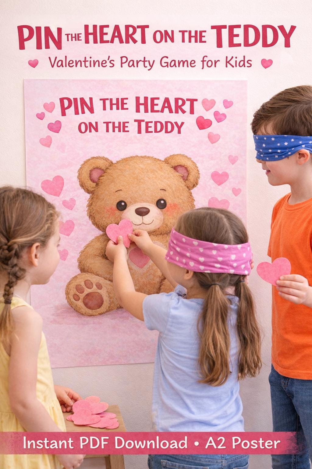 Pin the Heart on the Teddy – Valentine’s Party Game for Kids |Printable Poster | Instant Download