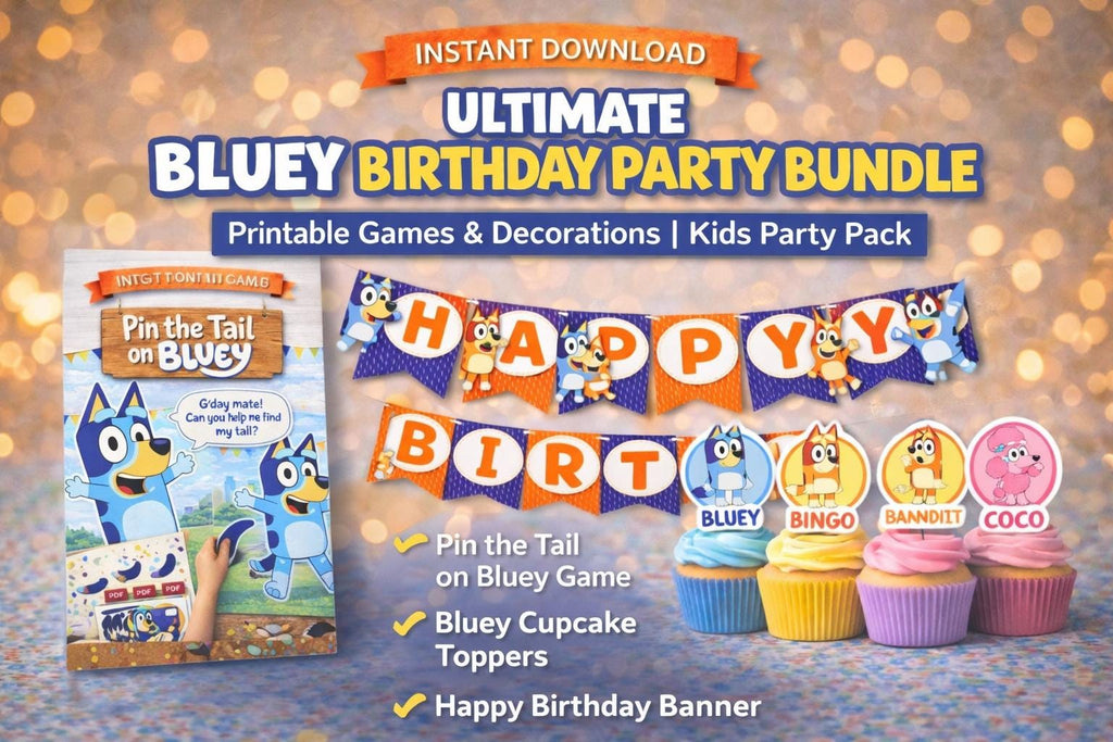 Blue Dog Party Printable Bundle | Kids Birthday Games, Decorations & Cupcake Toppers