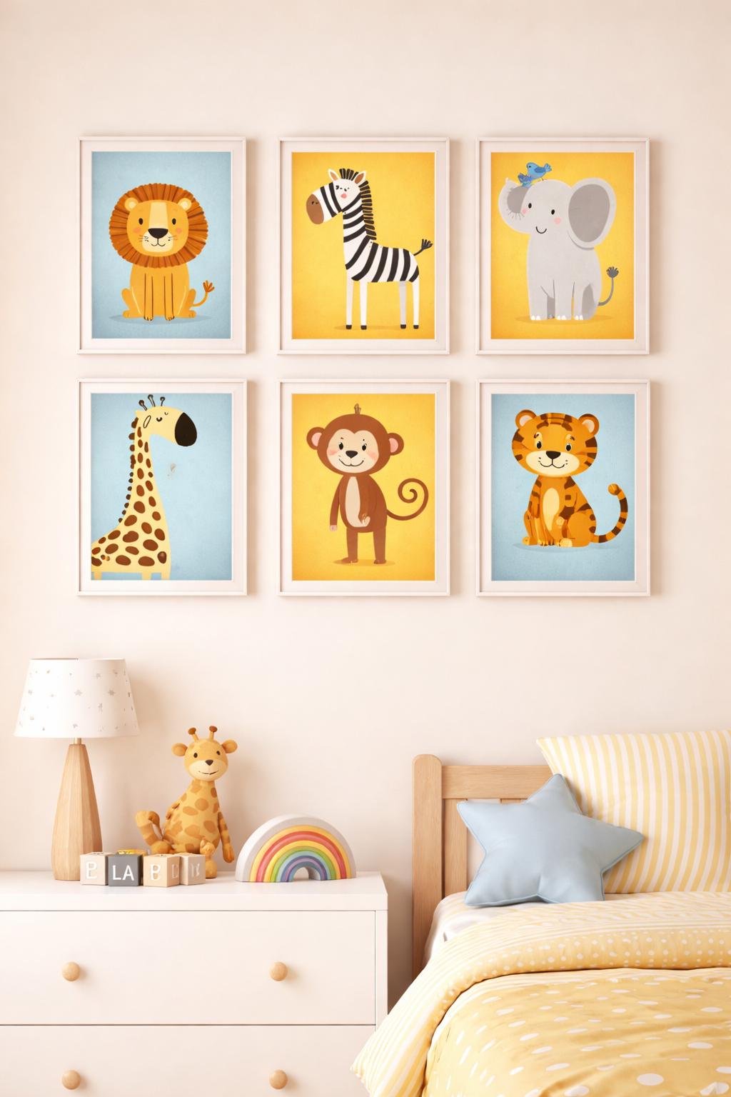 Wild Animal Nursery Wall Art Set | Cute Safari Animals Prints | Kids Bedroom Decor | A4 & A2 Printable