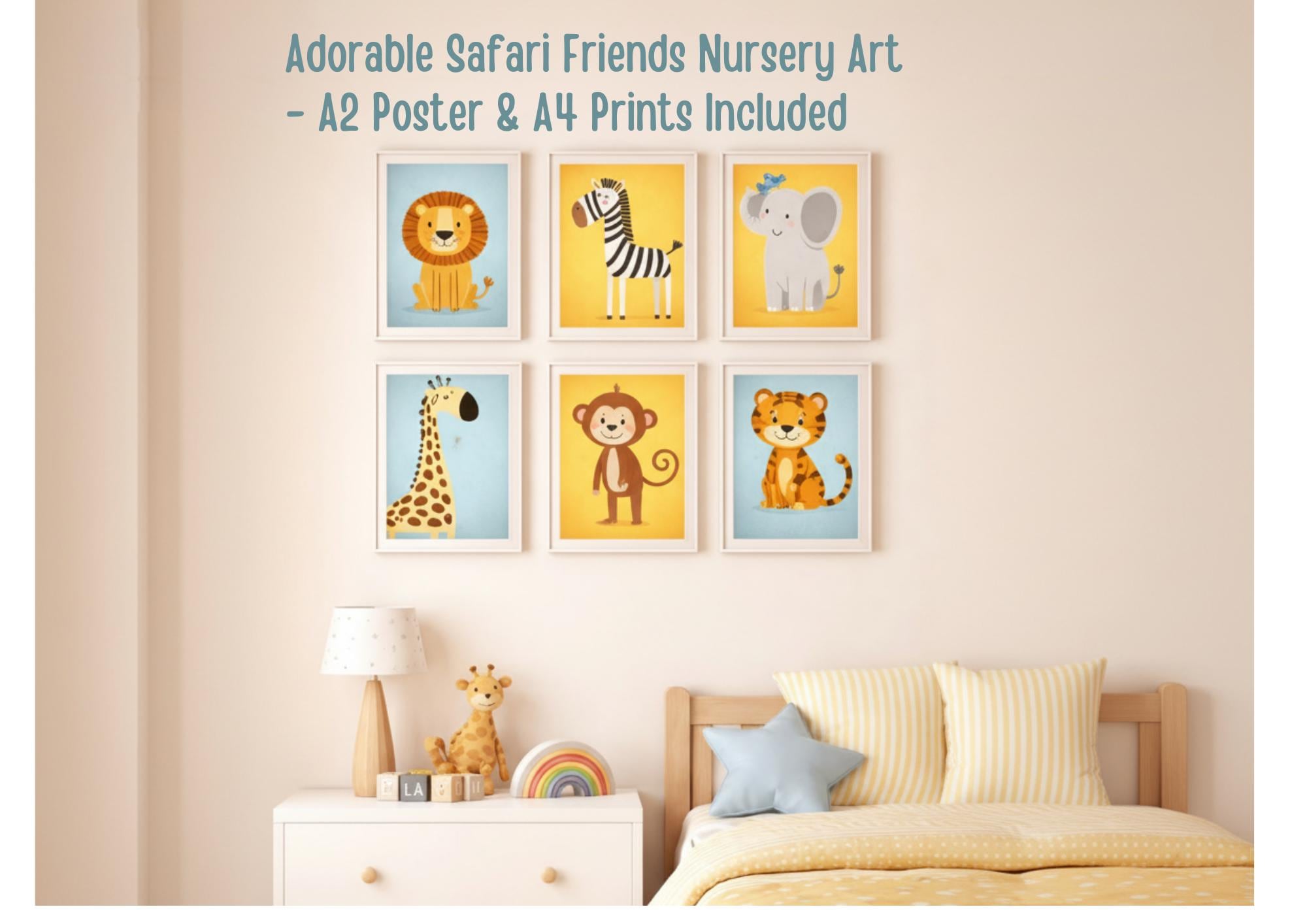 Wild Animal Nursery Wall Art Set | Cute Safari Animals Prints | Kids Bedroom Decor | A4 & A2 Printable