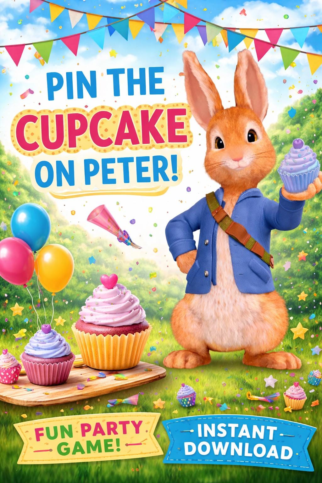Pin the Cupcake on Peter Game | Bunny Birthday Party (Instant Download, PDF A4 Pages)