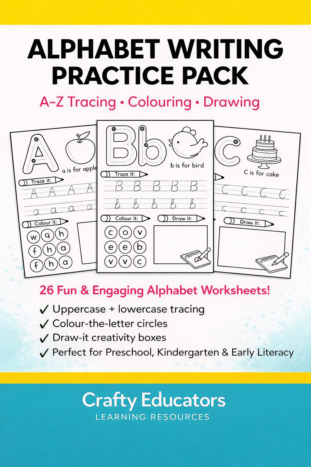 Alphabet Writing Practice- Preschool Kindergarten Literacy Pack