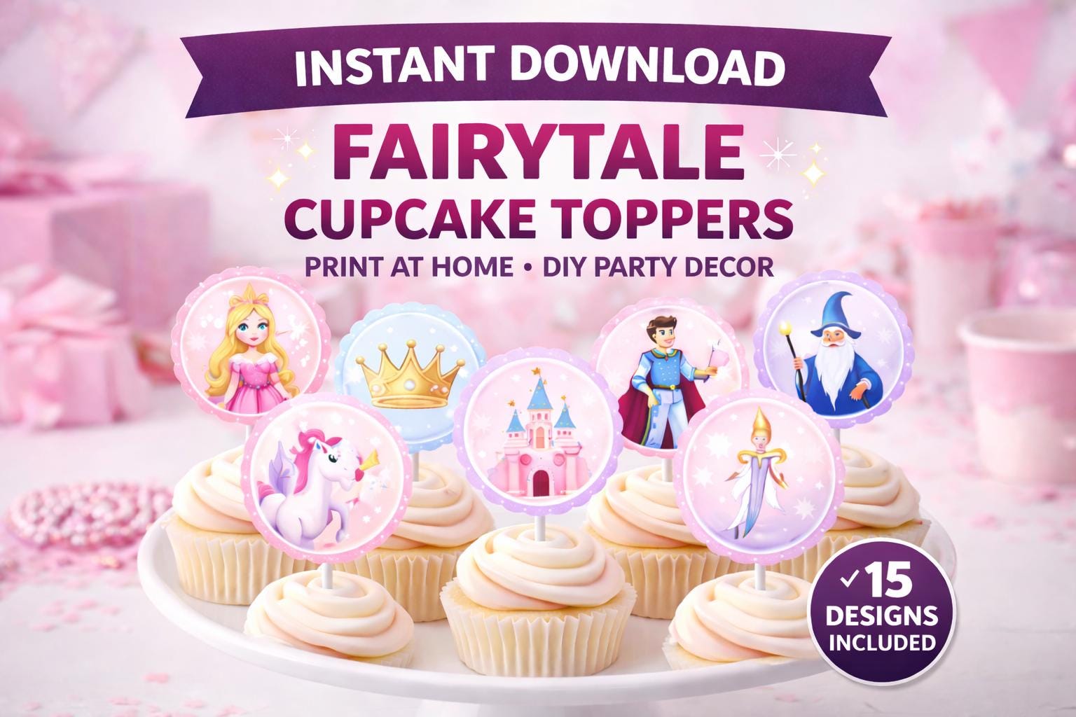 Princess Party Cupcake Toppers | Fairytale Birthday Decorations (Instant Download)