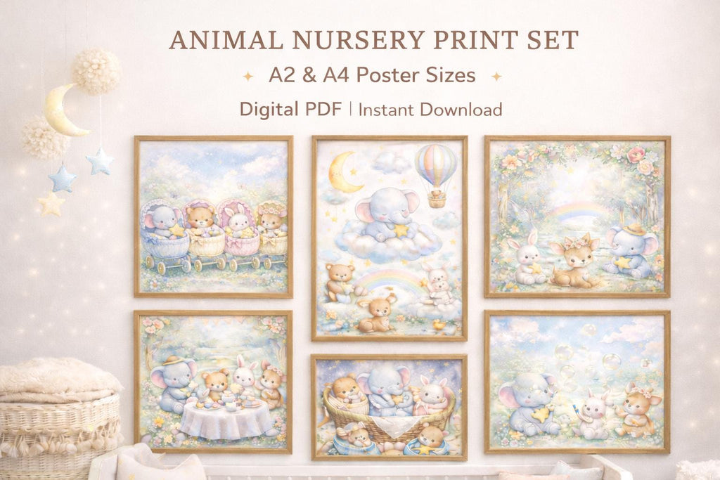 Pastel Animal Nursery Print Set, Baby Room Decor (A2 & A4 Digital Download)